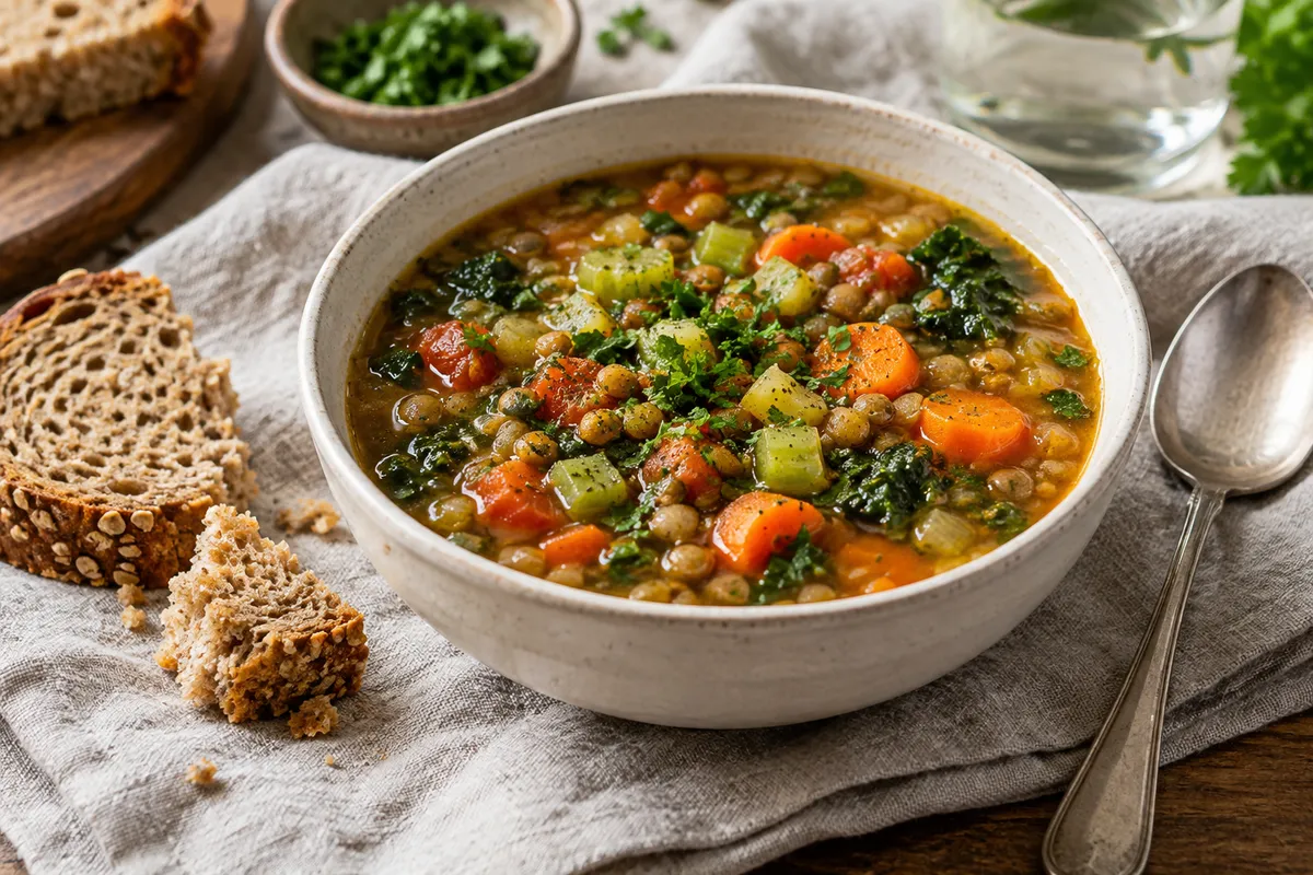 Lentil and vegetable soup with wholemeal bread