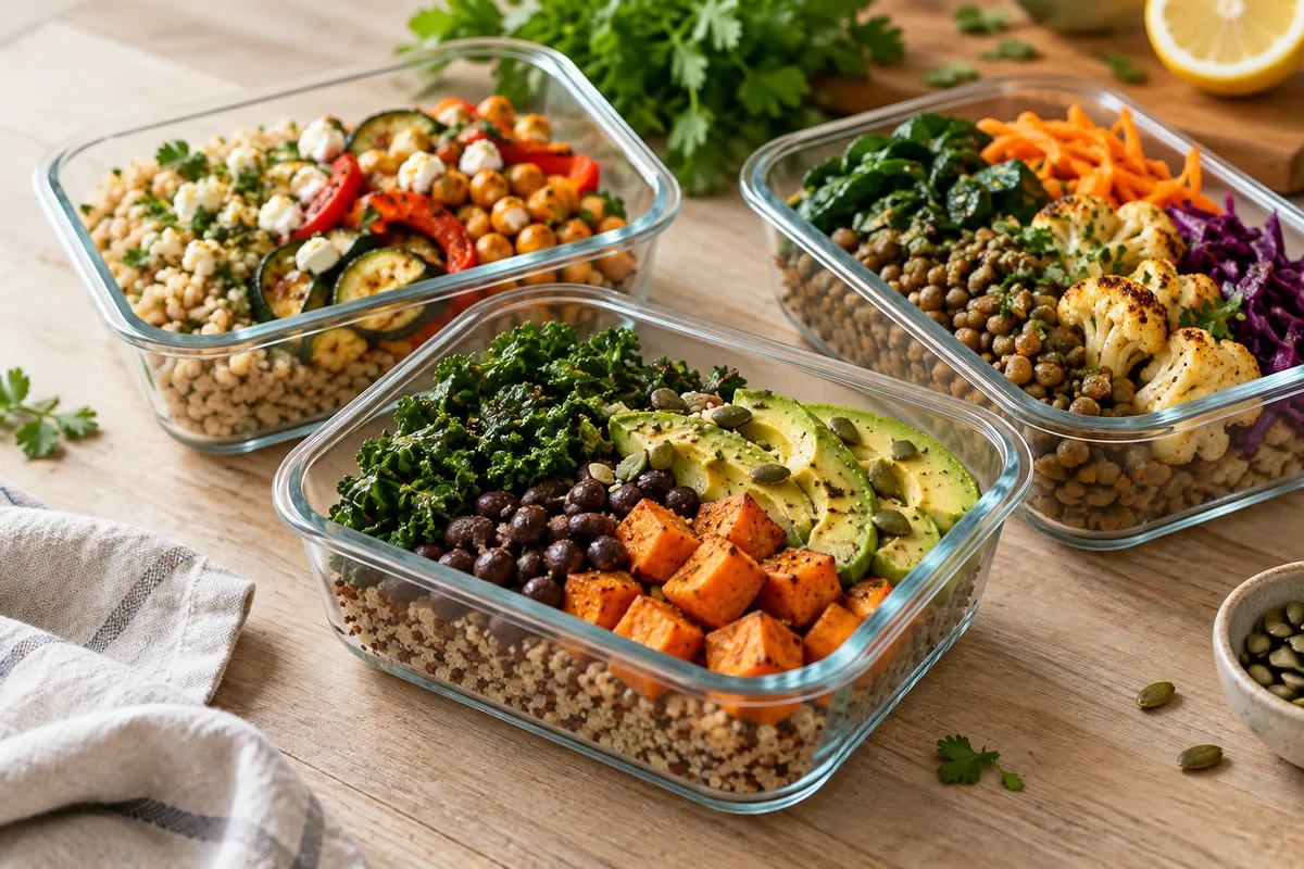 Three prepared grain, bean and vegetable lunches