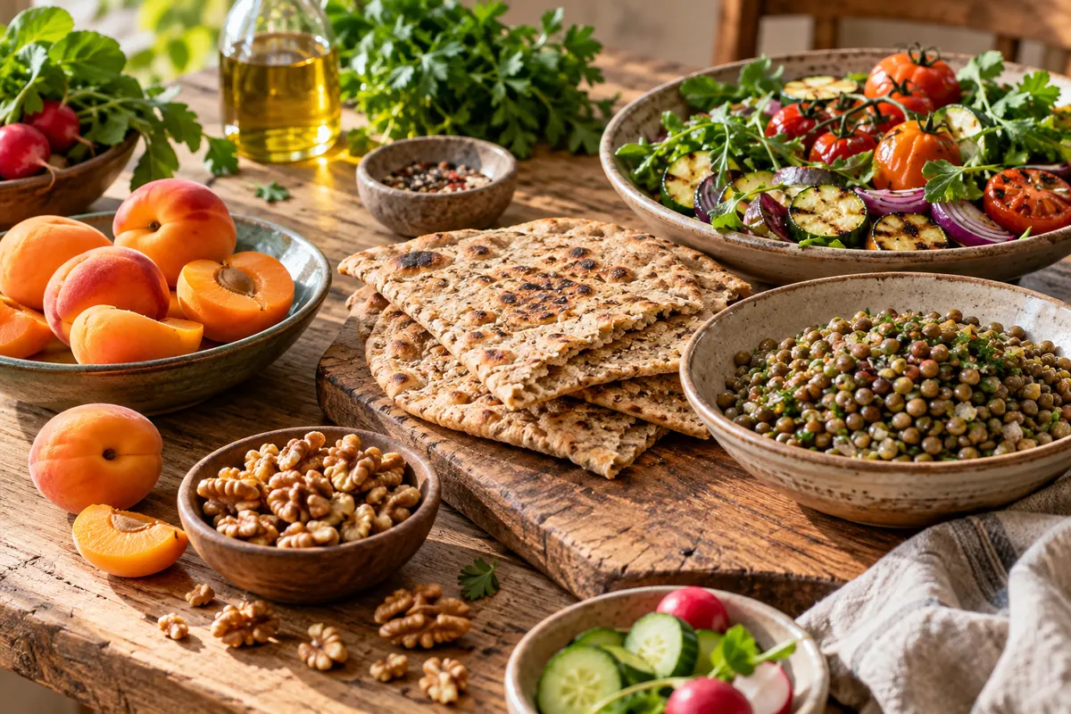 Illustrative wholegrain flatbread, lentils, apricots and vegetables