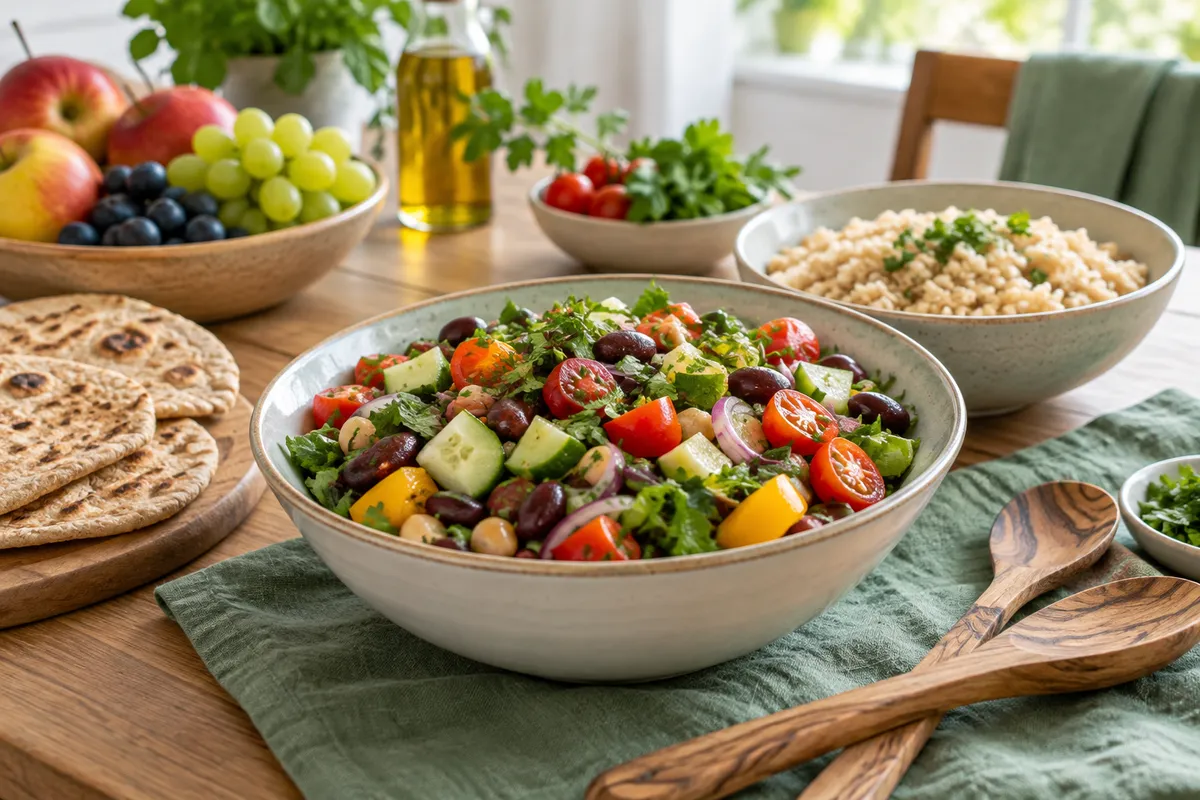 A contemporary plant-focused lunch with beans, vegetables and wholemeal flatbread